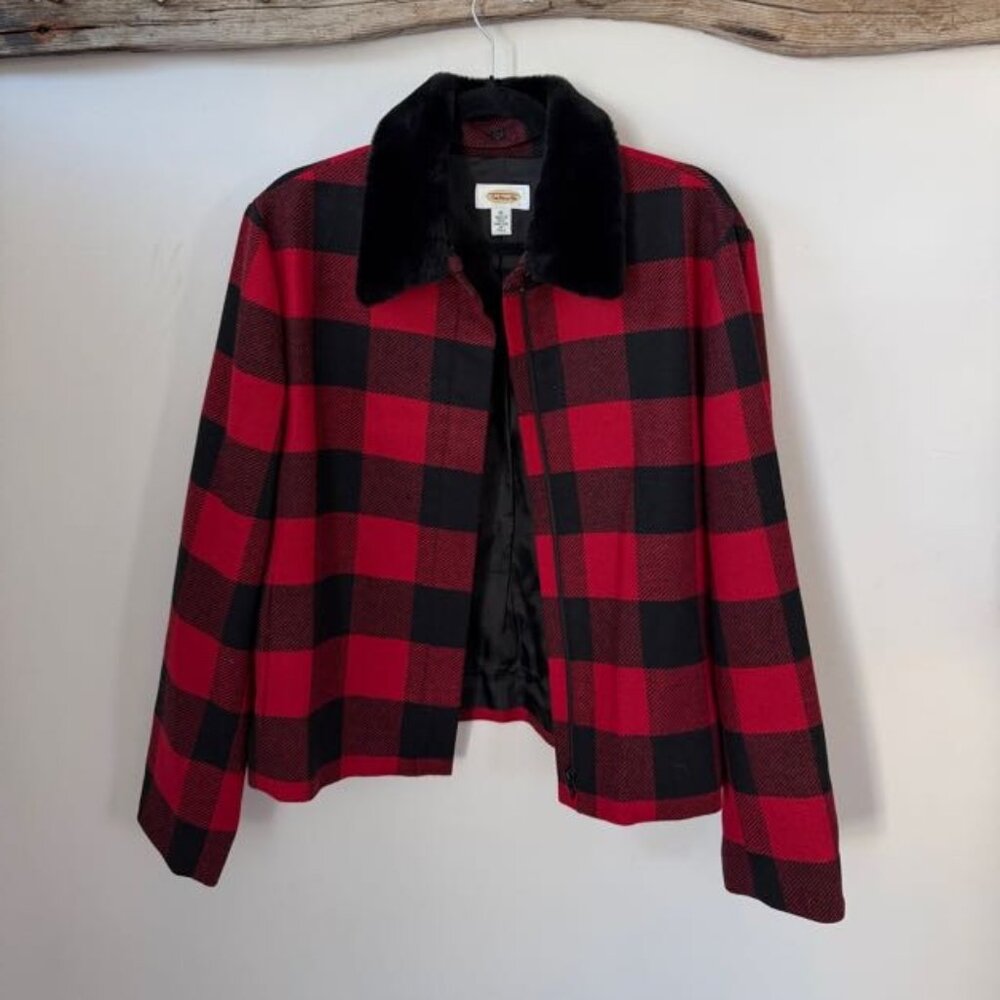 Vintage Talbots Red & Black Plaid Coat: Detachable Fur Collar, Italian Wool